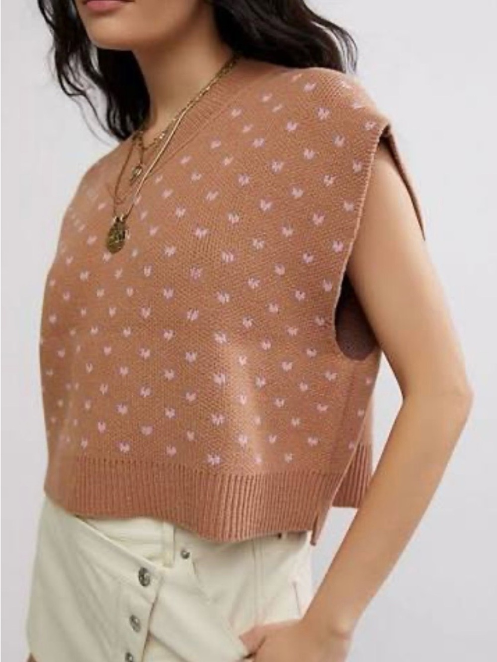 Free People Knit Sweater Vest in Brown with Pink Hearts Size Medium